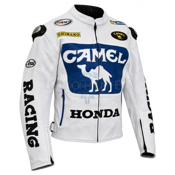 Classic HONDA Camel White Blue Leather Motorcycle Jacket Classic HONDA Camel White Blue Leather Motorcycle Jacket